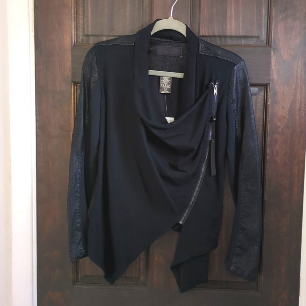 NWT Navy Blue Faux Leather Asymmetrical Draped Jacket